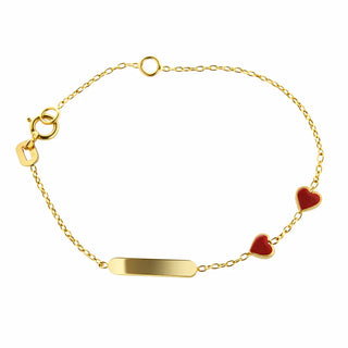 18K Solid Yellow Gold Two Red Enamel Hearts ID Bracelet