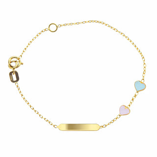 18K Yellow Gold Lavander and Blue Enamel Hearts ID Bracelet