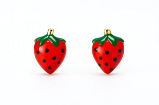 18K Solid Yellow Gold Enamel Strawberry Post Earring