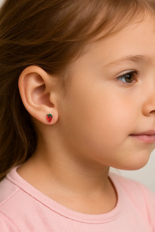 18K Solid Yellow Gold Enamel Strawberry Post Earring