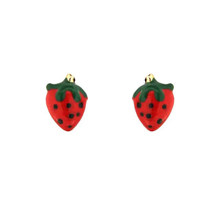 18K Solid Yellow Gold Enamel Strawberry Post Earring
