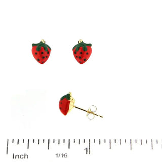 18K Solid Yellow Gold Enamel Strawberry Post Earring