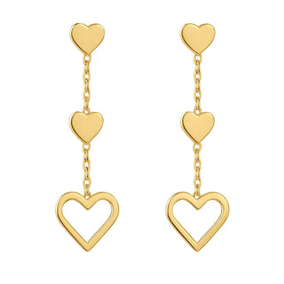 18K Solid Yellow Gold Long Heart Polished Dangle Earrings