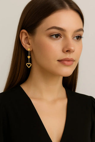 18K Solid Yellow Gold Long Heart Polished Dangle Earrings