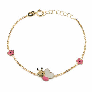 18K Solid Yellow Gold Pink and White Heart shape Bumble Bee Bracelet