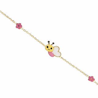 18K Solid Yellow Gold Pink and White Heart shape Bumble Bee Bracelet