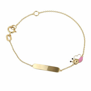 18K Solid Yellow Gold Pink and White Bumble Bee Id Bracelet