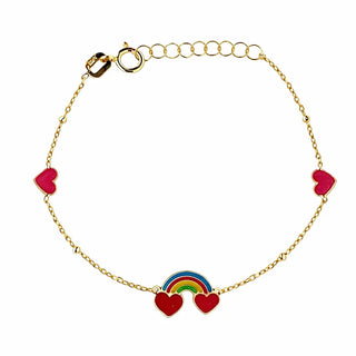 18k Solid Yellow Gold Rainbow and Hearts Enamel Bracelet