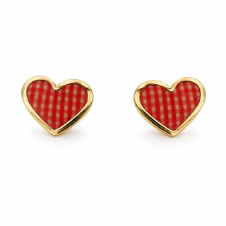 18K Yellow Gold Red Checkered Heart Screwback Earrings
