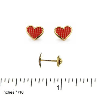 18K Yellow Gold Red Checkered Heart Screwback Earrings