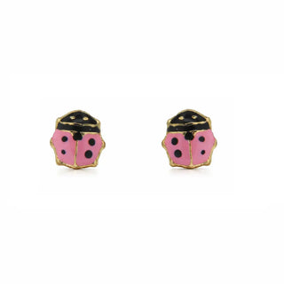 18k Yellow Gold Pink Enamel Small Lady Bug Screwback Earring