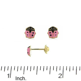 18k Yellow Gold Pink Enamel Small Lady Bug Screwback Earring