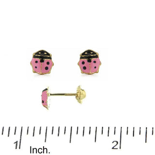 18k Yellow Gold Pink Enamel Lady Bug screwback Earrings