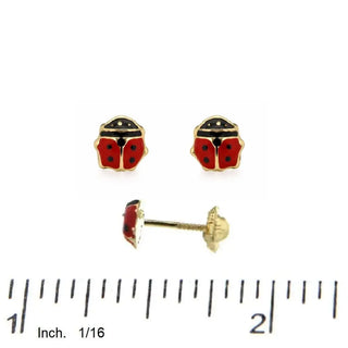 18K Yellow Gold Red Enamel Lady Bug Screwback Earrings