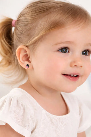 18k Yellow Gold Pink Enamel Lady Bug screwback Earrings