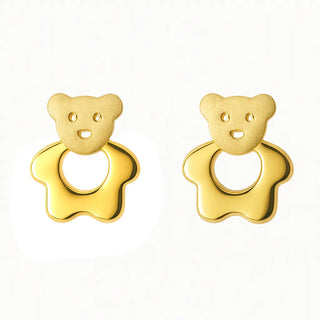 18K Solid Yellow Gold Open Heart Small Teddy Bear Earrings