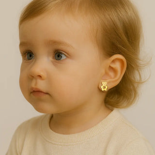 18K Solid Yellow Gold Open Heart Small Teddy Bear Earrings