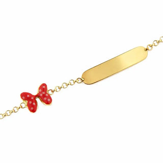 18K Solid Yellow Gold Red White Dots enamel Bow ID bracelet