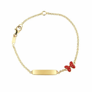 18K Solid Yellow Gold Red White Dots enamel Bow ID bracelet