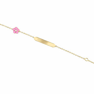 18K Solid Yellow Gold Pink Enamel Flower ID Bracelet