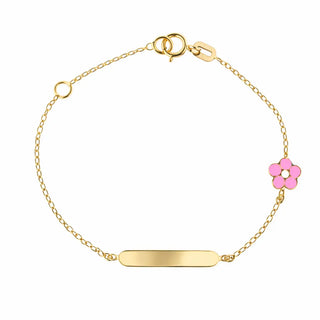 18K Solid Yellow Gold Pink Enamel Flower ID Bracelet