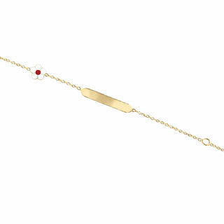 18K Yellow Gold White with Red Enamel Flower ID Bracelet