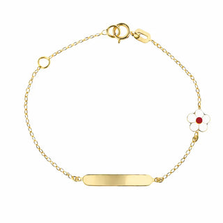 18K Yellow Gold White with Red Enamel Flower ID Bracelet
