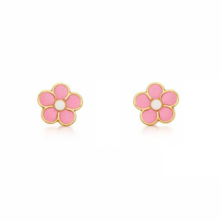 18K Gold Pink and Center White Enamel Flower Screwback Earrings