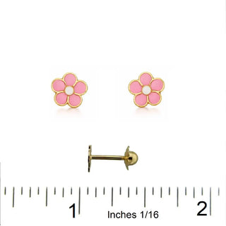 18K Gold Pink and Center White Enamel Flower Screwback Earrings