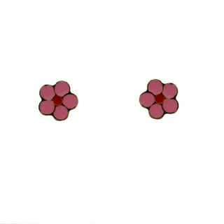 18K Solid Yellow Gold Pink and Red Enamel Flower Screwback Earrings