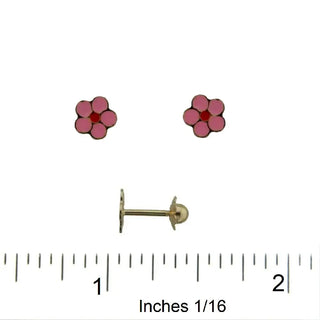 18K Solid Yellow Gold Pink and Red Enamel Flower Screwback Earrings