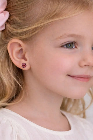 18K Solid Yellow Gold Pink and Red Enamel Flower Screwback Earrings