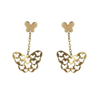 18K Solid Yellow Gold Cut Out Butterfly Dangle Earrings