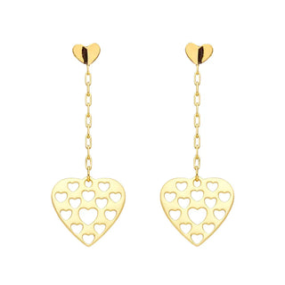 18K Solid Yellow Gold Cut Out Heart Long Dangle Earrings 