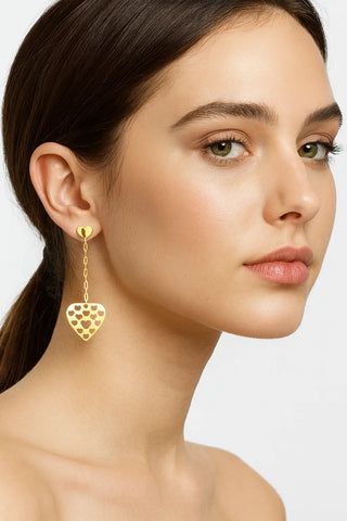 18K Solid Yellow Gold Cut Out Heart Long Dangle Earrings 