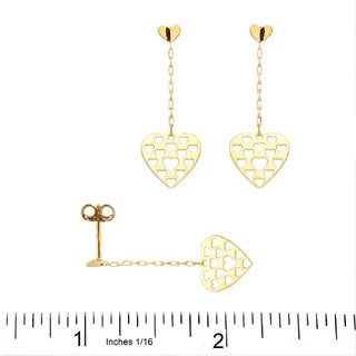 18K Solid Yellow Gold Cut Out Heart Long Dangle Earrings 