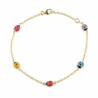 18K Solid Yellow Gold Multi Color Enamel Lady Bug Bracelet