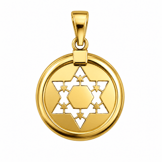 18K Solid Yellow Gold Star of David Cut-Out Medal Pendant 