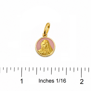 18K Solid Yellow Gold Tiny Pink Virgin Mary Medal Pendant