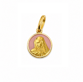 18K Solid Yellow Gold Tiny Pink Virgin Mary Medal Pendant