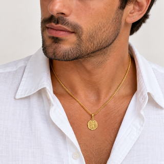 18K Solid Yellow Gold Saint Christopher Round Medal 15mm on a  men model