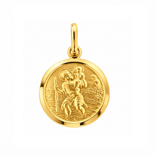 18K Solid Yellow Gold Saint Christopher Round Medal 15mm