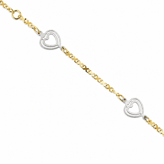 18K Yellow and White Gold Open Hearts Shiny Bracelet