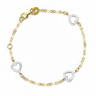 18K Yellow and White Gold Open Hearts Shiny Bracelet
