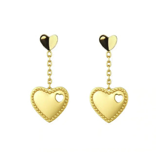 18K Solid Yellow Gold Dangle Polished Heart Post Earrings