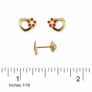 18K Yellow Gold Open Heart Enamel Flower Screwback Earrings