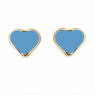 18K Yellow Gold Blue Enamel Heart Screwback Earrings