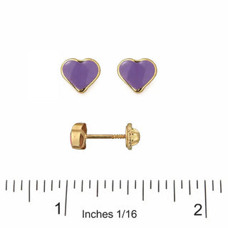 18K Yellow Gold Lilac Enamel Heart Screwback Earrings