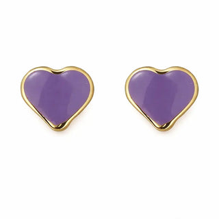 18K Yellow Gold Lilac Enamel Heart Screwback Earrings