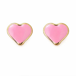 18K Solid Yellow Gold Pink Enamel Heart Screwback Earrings